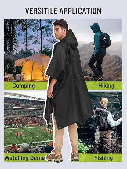 SaphiRose Extra Thick Hooded Rain Poncho Double Layer Waterproof Raincoat Jacket for Men Women Adults