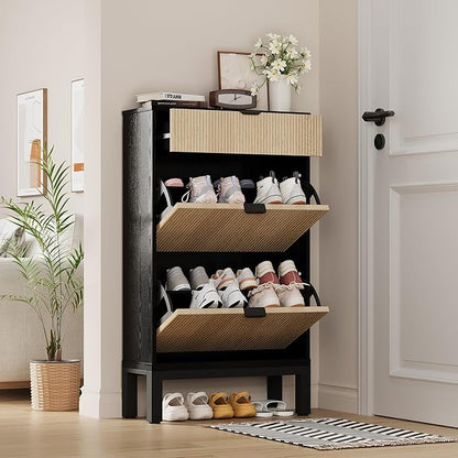 GAOMON Shoe Cabinet with 2 Flip Drawers, Entryway Cabinet with Adjustable Shelves, Accommodate 8 to 12 Pair of Shoes, Space-Saving Slim Shoe Cabinet for Entryway, Hallway, Front Door, Black Oak
