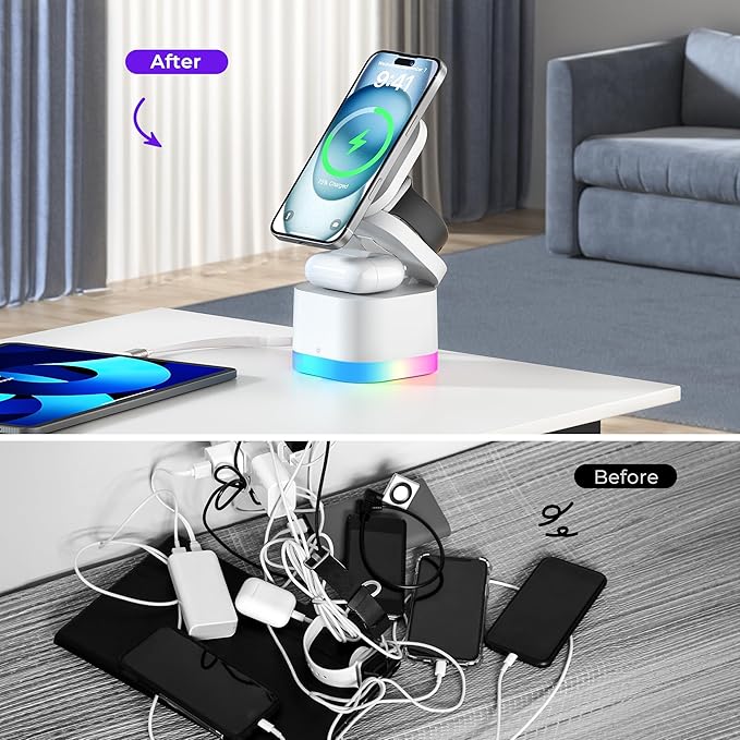 5 in 1 Wireless Charger, Foldable Wireless Charging Station with Night Light for Apple Magnetic Charger, Retractable Cable Travel Charger Stand for iPhone 17/16/15/14/13/12, Apple Watch, AirPods Pro 3