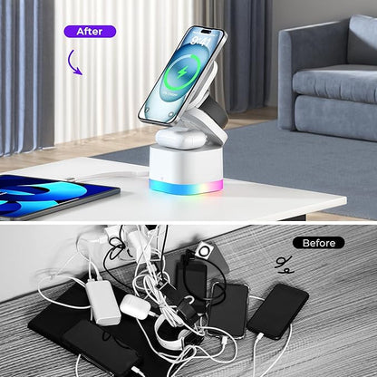 5 in 1 Wireless Charger, Foldable Wireless Charging Station with Night Light for Apple Magnetic Charger, Retractable Cable Travel Charger Stand for iPhone 17/16/15/14/13/12, Apple Watch, AirPods Pro 3