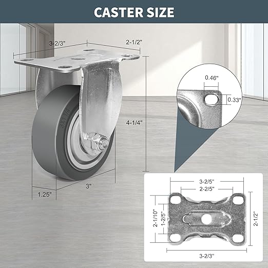 3 Inch Caster Wheels, Rubber Wheels Silent Castor- Set of 4 Heavy Duty Caster Wheels with Brake 1200Lbs, Industrial Plate Casters Wheels for Cart Furniture Workbench (2 Swivel & 2 Rigid)