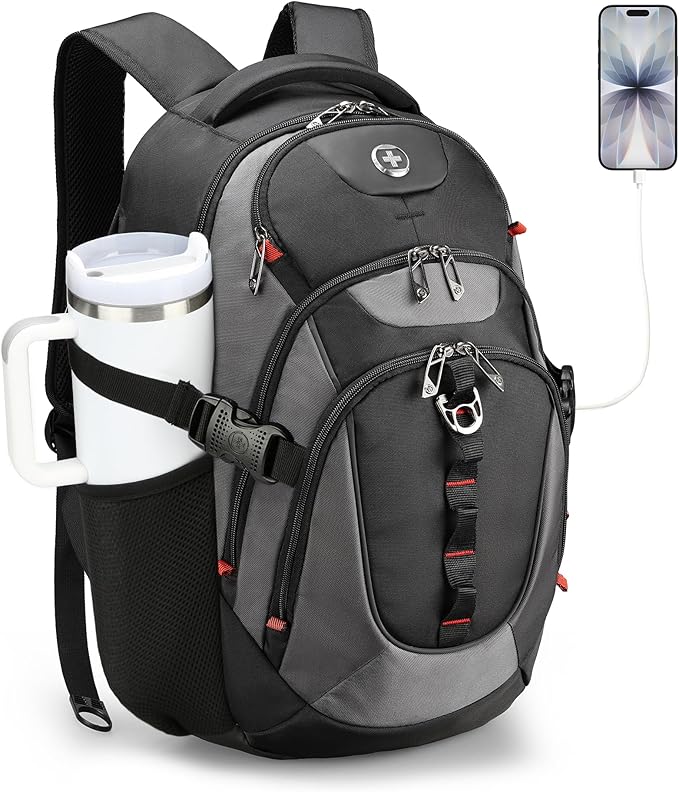 Swissdigital Design Laptop Backpack with USB Charging Port, Travel Backpack Fits 15.6 inches Computer, 31L College School Backpack for Men, Black/Grey | SD803-02