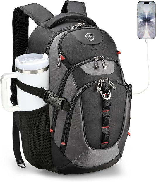 Swissdigital Design Laptop Backpack with USB Charging Port, Travel Backpack Fits 15.6 inches Computer, 31L College School Backpack for Men, Black/Grey | SD803-02