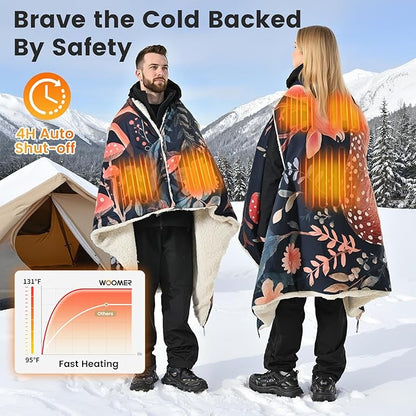 WOOMER Wearable Heated Blanket Battery Operated 50x70 Inches, 15000mAh Cordless Rechargeable Electric Throw Blanket with 3 Heat Settings, Waterproof Portable Heating Blanket for Outdoor Camping Travel