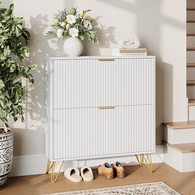 Shoe Storage Cabinet with 2 Flip Drawers, 31.5" W Fluted Shoe Cabinet for Entryway, Hidden Shoe Cabinet Storage, Narrow Free Standing Shoe Orgnaizer Rack Cabinet for Foyer Hallway, White