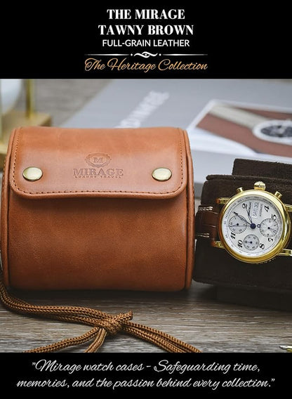Leather Watch Rroll Travel Case Single Watch Roll Holder Tawny Brown Full Grain Cow Leather - Mirage Heritage Collection