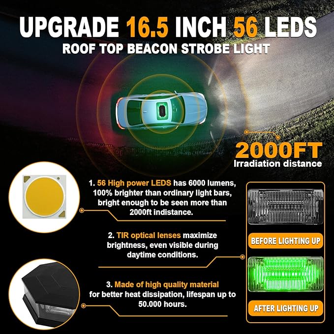 ASPL 16.5 Inch Roof Top Beacon Emergency Strobe Light with Controller 56 LED Magnetic Warning Caution lights bar Traffic Hazard Plow Light for Trucks Vehicles Construction Snowplow (Green/White)