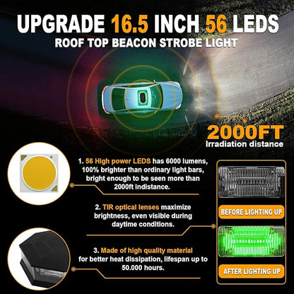 ASPL 16.5 Inch Roof Top Beacon Emergency Strobe Light with Controller 56 LED Magnetic Warning Caution lights bar Traffic Hazard Plow Light for Trucks Vehicles Construction Snowplow (Green/White)