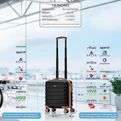 Flight Knight Carry On Suitcase 18x14x8 Hardside Built In TSA Lock & USB Port Lightweight Luggage Silent Double Spinner Wheels Maximum Underseat Carry-On Bag For American & United Approved Airlines