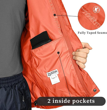 33,000ft Packable Rain Jacket Men's Lightweight Waterproof Rain Shell Jacket Raincoat with Hood for Golf Cycling Windbreaker