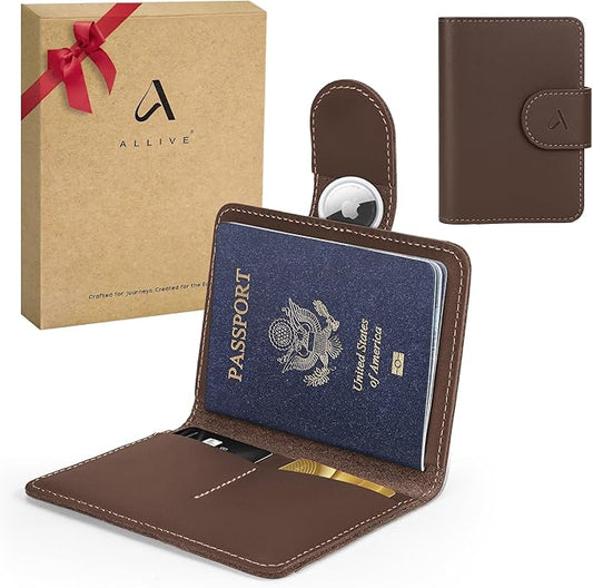 ALLIVE Passport Holder for Travel, Genuine Leather Passport Holder with AirTag Hidden, Rfid Passport Cover Travel Wallet for Airport Essentials, Travel Must Haves Gifts (Coffee Brown)