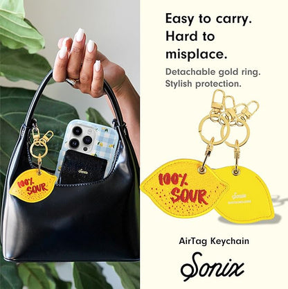 Sonix Keychain Case Compatible with Apple AirTag | Protective AirTag Cover Keychain Charm | 100% Sour, Embroidered Lemon Charm | Lemon