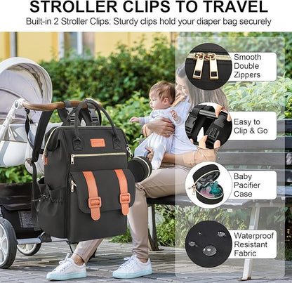 PIIOSER Diaper Bag Tote with Ice Pack, Large Capacity & Waterproof Bag Travel Backpack for Moms Dads, Insulated Insulated Baby Cooler Bag with Changing Pad, Stroller Straps & Pacifier Case, Black