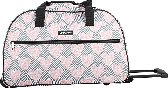 Betsey Johnson Designer Carry On Luggage Collection - Lightweight Pattern 22 Inch Duffel Bag- Weekender Overnight Business Travel Suitcase with 2- Rolling Wheels (CHEVRON HEARTS, One Size)