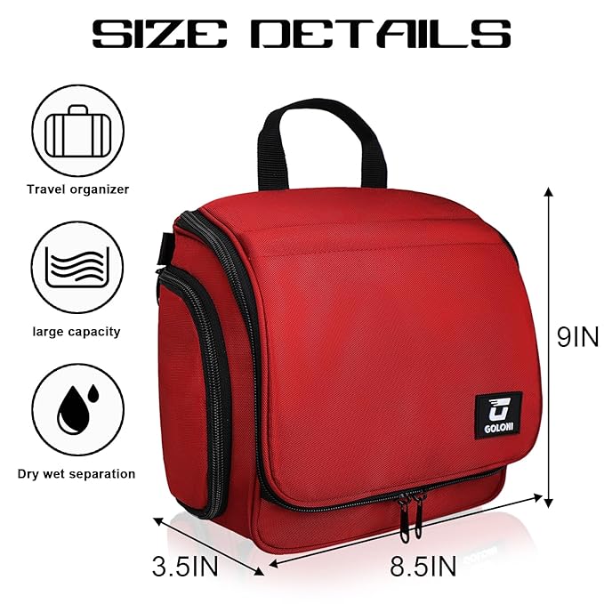 Goloni Hanging Toiletry Bag with Hook, Large Makeup Bag Travel Organizer, Water-Resistant Hanging Cosmetic Bag with 10 Compartments for Women & Men,Red