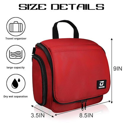 Goloni Hanging Toiletry Bag with Hook, Large Makeup Bag Travel Organizer, Water-Resistant Hanging Cosmetic Bag with 10 Compartments for Women & Men,Red