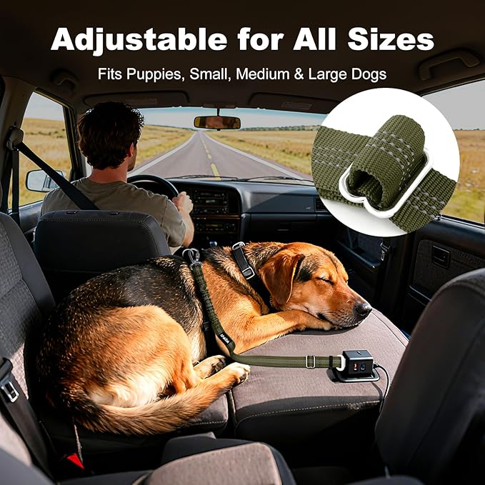 Dog Seat Belt for Car, Adjustable Dog Car Harness Seatbelt for Small Medium Large Dogs, Heavy Duty Travel Safety Restraint with Locking Aluminum Hook & Reflective Nylon Strap, Ranger Green