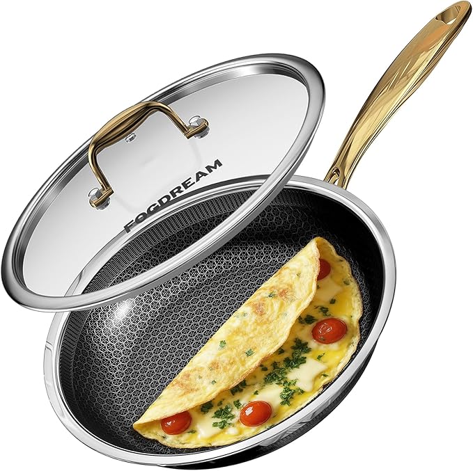 Fogdream 8” Non Stick Frying Pans, Stainless Steel Skillet with Lid, Tri-Ply Stainless Steel for All Cooktops, Dishwasher and Oven-Safe Cooking Pan, Stay-Cool Handle, Gold