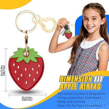 Leather Keychain for Airtag, Cute Protective Keychain Holder Compatible with Apple Air Tag,GPS Item Tracker Case Cover for Keys,Bags,Pets,Luggage(Strawberry)