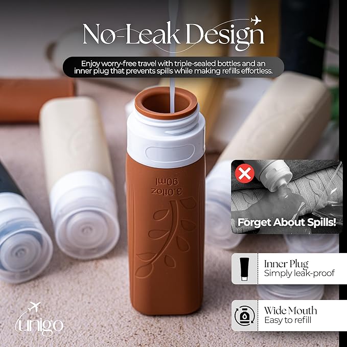 unigo Travel Bottles For Toiletries, 5-pack 3.oz TSA Aprroved Travel Size Bottles, Containers For Toiletries, BPA Free, Leak Prrof, Refillable Containers Bottles (Apricot)