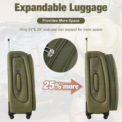 Merax Softside Luggage Set 3 Piece Suitcase with Duffel Bag Spinner Wheels Lightweight Expandable Travel Luggage 22" 26" 30",Army Green
