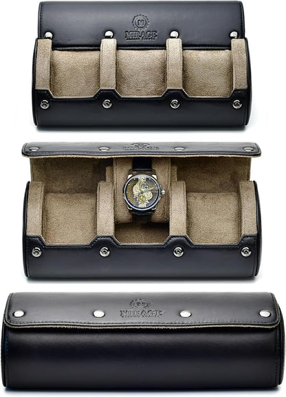 Watch Roll Travel Case Leather – 3 Slot Watch Holder Storage for Travel – Black Full Grain Cow Leather (Beige Interior)