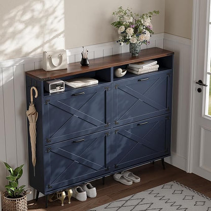 Shoe Storage Cabinet with 4 Flip Drawers Narrow Shoe Rack Cabinet Farmhouse Design Freestanding Shoe Organizer with Open Storage for Entryway,Hallway,Foyer,Blue Walnut