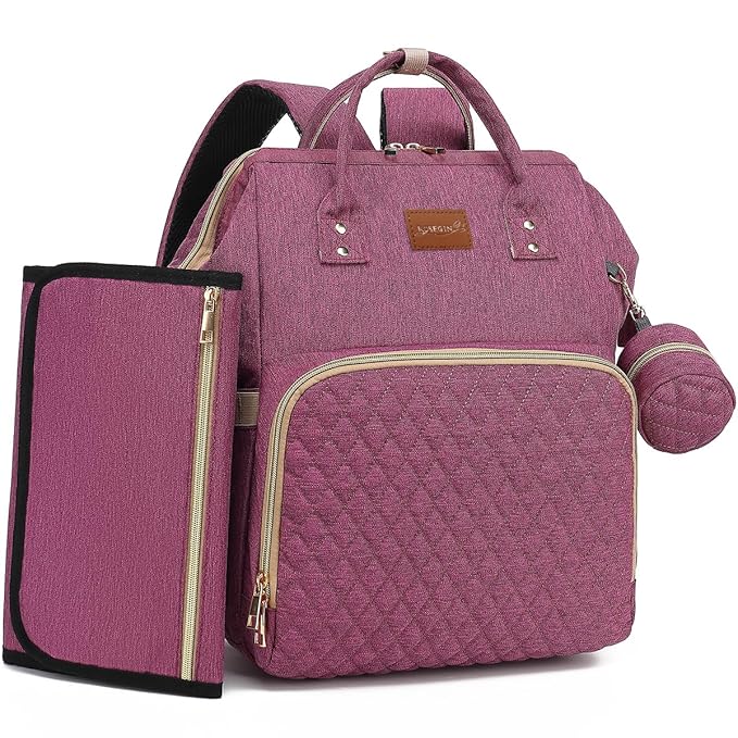Diaper Bag Backpack with Changing Pad, Pacifier Case, Baby Bag for Boy Girl Toddler - Large, Stylish, Waterproof Travel Quilted Diaper Bag for Mom - Baby Shower - Purple