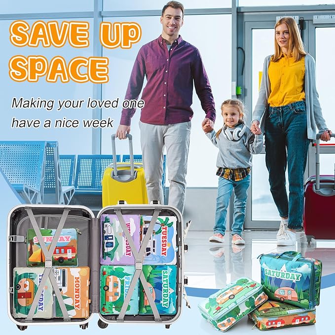 Paterr 7 Pcs Days of Week Packing Cubes Compression Packing Cubes for Kids Winter Camp Travel Daily Outfit Suitcase Organizers Zippered Storage Bag for Cruise Vacation Essentials(Camping)