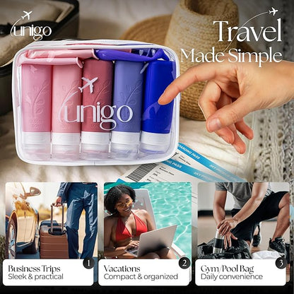 unigo Travel Bottles For Toiletries, 5-pack 3.oz TSA Aprroved Travel Size Bottles, Containers For Toiletries, BPA Free, Leak Prrof, Refillable Containers Bottles (Purple)
