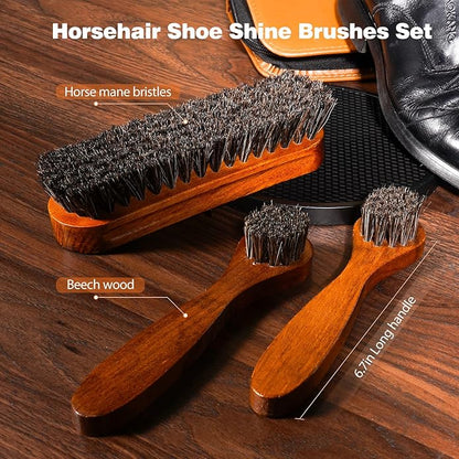 TOPUS Shoe Polish Kit Include 3 Pieces Horsehair Shoe Brushes in 6.7IN Handle, 1.4oz Black & Brown Shoe Polish & Shine Cloths