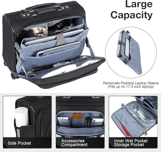 Lekebobor Rolling Laptop Bag Rolling Laptop Briefcase on Wheels for Women Fits Up to 15.6Inch computer Bags Water Resistant for Work Travel and Business, Black