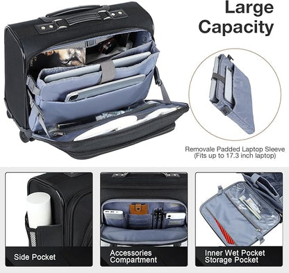 Lekebobor Rolling Laptop Bag Rolling Laptop Briefcase on Wheels for Women Fits Up to 15.6Inch computer Bags Water Resistant for Work Travel and Business, Black