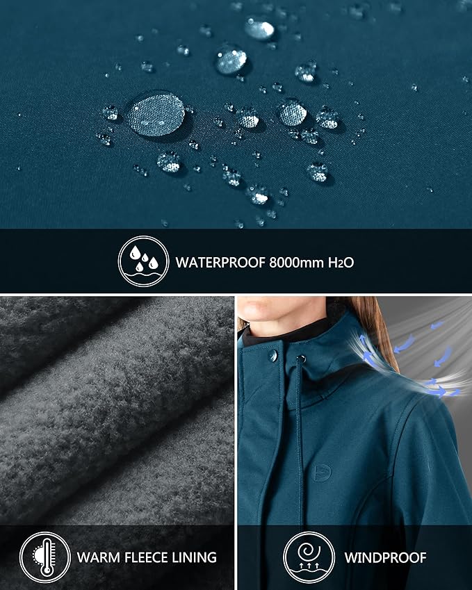 Outdoor Ventures Women's Lightweight Waterproof Fleece Lined Hooded Softshell Rain Jacket, Warm Windbreaker Long Coat