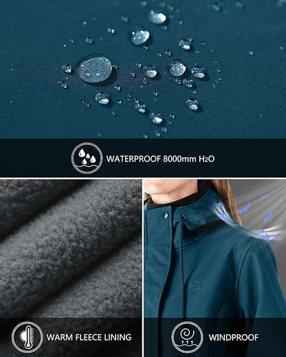 Outdoor Ventures Women's Lightweight Waterproof Fleece Lined Hooded Softshell Rain Jacket, Warm Windbreaker Long Coat