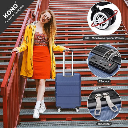 Kono Luggage Set 4 Piece Carry On Lightweight PC+ABS Hardside Luggage with TSA Lock Spinner Wheels Carry On Suitcase Navy