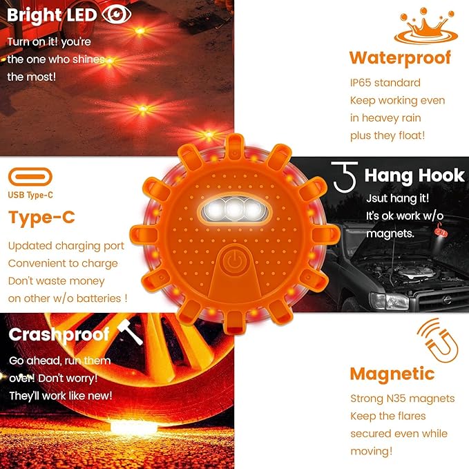 USB-C Rechargeable LED Road Flares Emergency Lights-Large Capacity (Lithium Battery) 3 in 1 Cable Roadside Warning Car Safety Beacon Flashing Disc Flare Kit with Magnetic Base for Vehicles