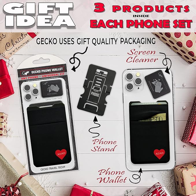 Gecko Travel Tech Double Pocket - Adhesive Card Holder - Cell Phone Pouch - Stick on Spandex Pocket - Carry Credit Cards and Cash (HEART)