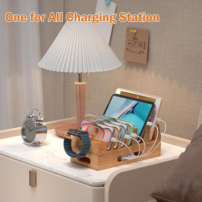 Pezin & Hulin Bamboo Charging Station Holder with 5 Port USB Charger, 5 x Charge Cables, Watch Stand, Wood Docking Stand Electronic Organizer for Multiple Devices, Phones, Tablets and More