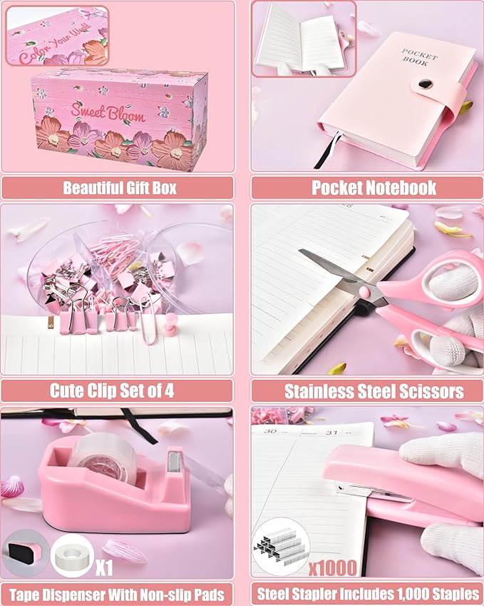 Pink Desk Organizers and Accessories With Mesh Desk Organizer and 360°Rotating Pen Holder and a Lot of Office Pink Office Supplies Beautifully Presented in a Gift Box Christmas Gifts