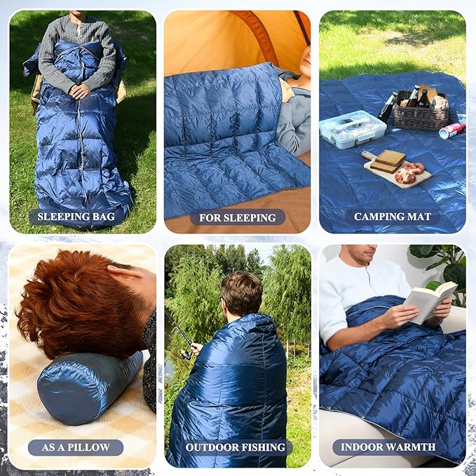 MOOX Down Camping Blanket Packable Backpacking Camping Quilt Outdoor Lightweight Warm Water Resistant Puffy Sleeping Bag Travel Hiking 55"x79" Waterproof Camp Throw Blanket, Blue Gray