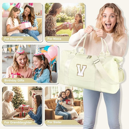 Dance Gym Duffel Bag for Teen Girls, Personalized Initial Travel Weekender Bag,Cute Overnight Carry On Duffle for Women,Sports Travel Cheer Bag,Monogram Christmas Gifts for Tween Preppy(beige-V)