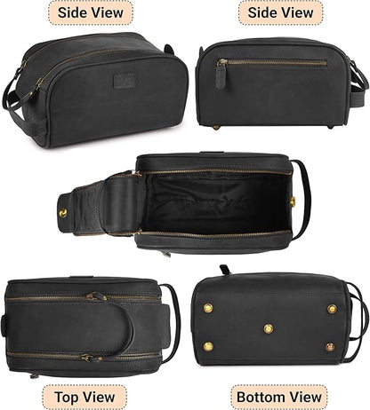 mds Genuine Leather Toiletry Bag for Men - Unisex Rustic Classic Vintage Handcrafted Full-Grain Leather Travel Dopp Kit with Waterproof Lining & Handle, Shaving & Grooming Kit Organizer Pouch - Black