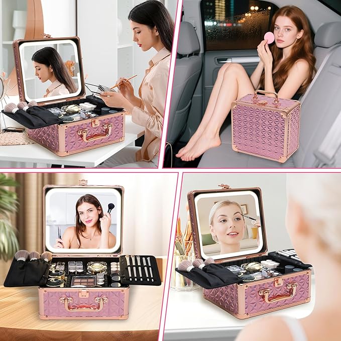 Makeup Box with Detachable Lighted Mirror–Travel Train Case, Cosmetic Storage Organizer & Makeup Suitcase with Adjustable Dividers & Magnetic LED Mirror (Pink)