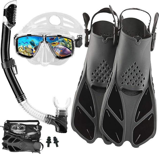 Snorkeling Gear for Adults with Fins Scuba Diving Gear Adult Professional Travel Snorkel Sets with Flippers,Anti-Fog Anti-Leak Diving Mask