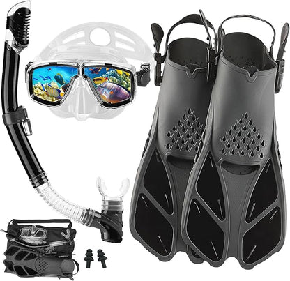 Snorkeling Gear for Adults with Fins Scuba Diving Gear Adult Professional Travel Snorkel Sets with Flippers,Anti-Fog Anti-Leak Diving Mask