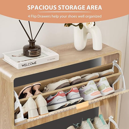 RARZOE Set of 2 Fluted Shoe Storage Cabinets for Entryway, Narrow Curved Shoe Cabinet with 2 Flip Drawers, Freestanding Wood Hidden Shoe Organizer Closed Shoe Rack Cabinet for Foyer,Hallway (Natural)