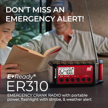 Midland - ER310, Emergency Crank Weather AM/FM Radio - Multiple Power Sources, SOS Emergency Flashlight, Ultrasonic Dog Whistle, & NOAA Weather Scan + Alert (Red/Black)