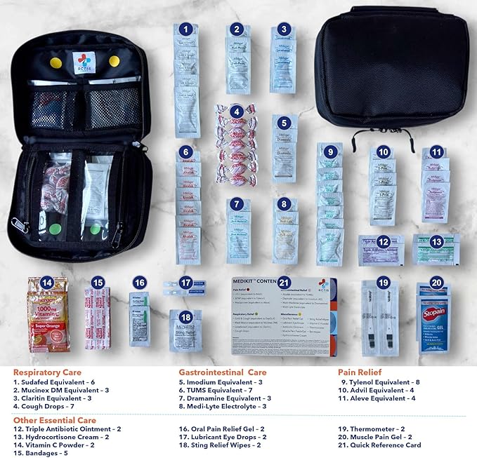 MediKit: Essential Medication Kit (Pain, Cold, Allergy, Stomach & Other: 70 items). Compact 6"x8", Water Resistant Bag, Color-Coded Organization. Travel (Business/Holiday), Students & Campers. HSA/FSA
