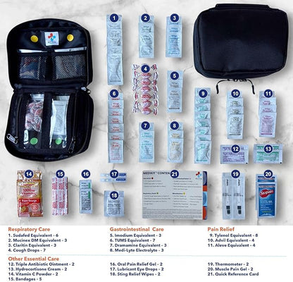 MediKit: Essential Medication Kit (Pain, Cold, Allergy, Stomach & Other: 70 items). Compact 6"x8", Water Resistant Bag, Color-Coded Organization. Travel (Business/Holiday), Students & Campers. HSA/FSA